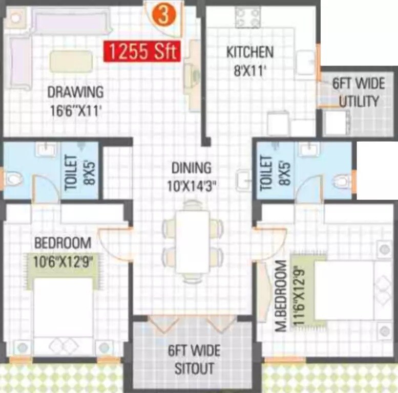 Floor plan of 2 BHK 1255 Sq. Ft. Apartment in Saroj Tulip, Bangalore