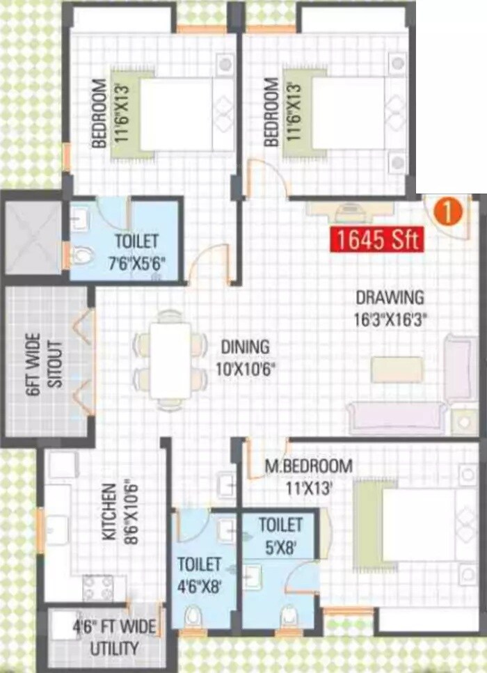 Floor plan of 3 BHK 1645 Sq. Ft. Apartment in Saroj Tulip, Bangalore