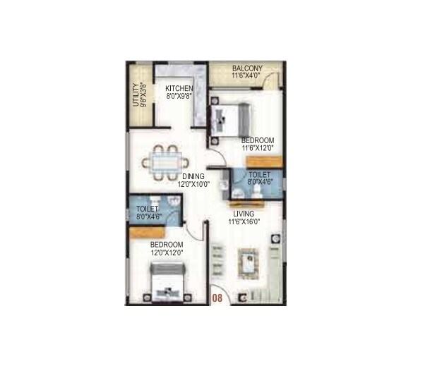 Floor plan of 2 BHK 1085 Sq. Ft. Apartment in SAS Honey Dew, Bangalore
