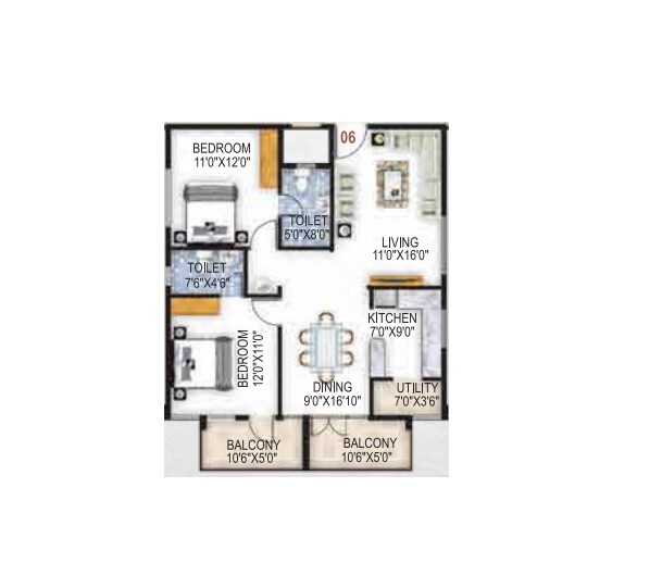 Floor plan of 2 BHK 1185 Sq. Ft. Apartment in SAS Honey Dew, Bangalore