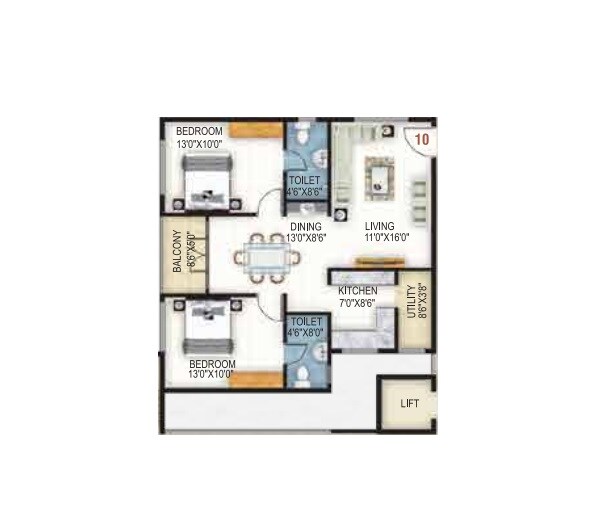 Floor plan of 2 BHK 1240 Sq. Ft. Apartment in SAS Honey Dew, Bangalore