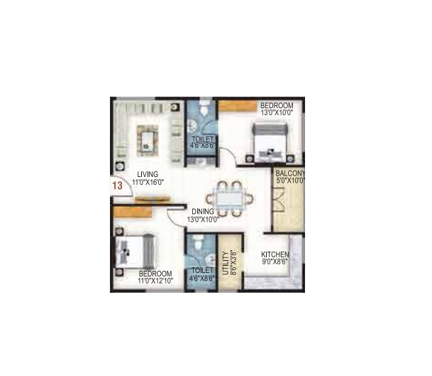 Floor plan of 2 BHK 780 Sq. Ft. Apartment in SAS Honey Dew, Bangalore