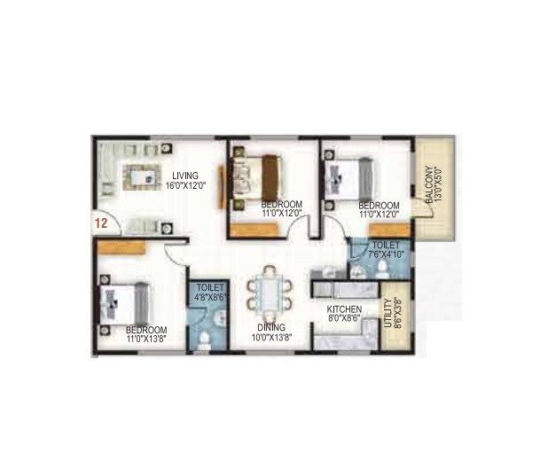 Floor plan of 3 BHK 1380 Sq. Ft. Apartment in SAS Honey Dew, Bangalore