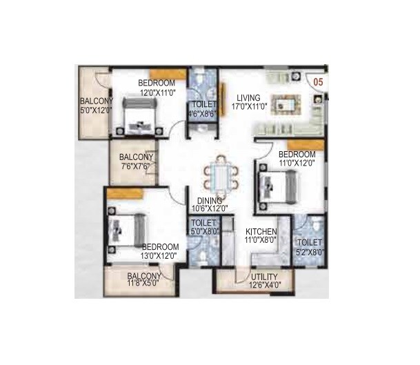 Floor plan of 3 BHK 1430 Sq. Ft. Apartment in SAS Honey Dew, Bangalore