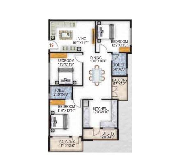 Floor plan of 3 BHK 1520 Sq. Ft. Apartment in SAS Honey Dew, Bangalore