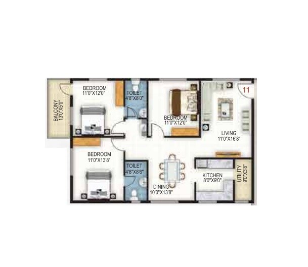 Floor plan of 3 BHK 1650 Sq. Ft. Apartment in SAS Honey Dew, Bangalore
