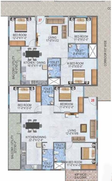 Floor plan of 2 BHK 1420 Sq. Ft. Apartment in Sashank Aadya, Bangalore