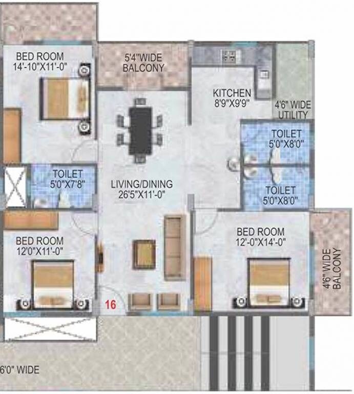 Floor plan of 3 BHK 1435 Sq. Ft. Apartment in Sashank Aadya, Bangalore