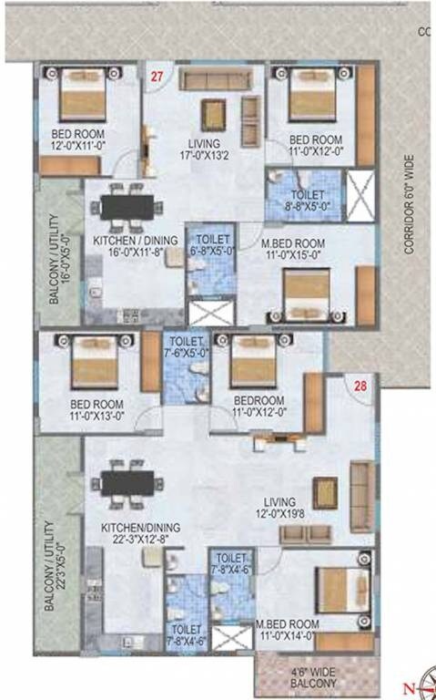Floor plan of 3 BHK 1850 Sq. Ft. Apartment in Sashank Aadya, Bangalore