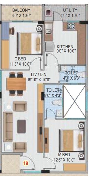 Floor plan of 2 BHK 1235 Sq. Ft. Apartment in Sashank Amogha, Bangalore