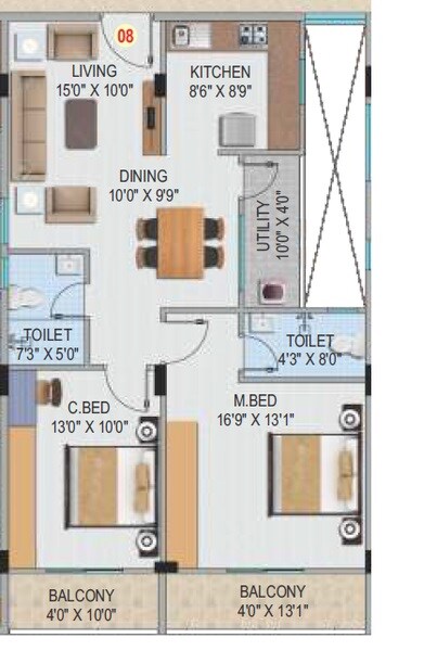 Floor plan of 2 BHK 1060 Sq. Ft. Apartment in Sashank Amogha, Bangalore