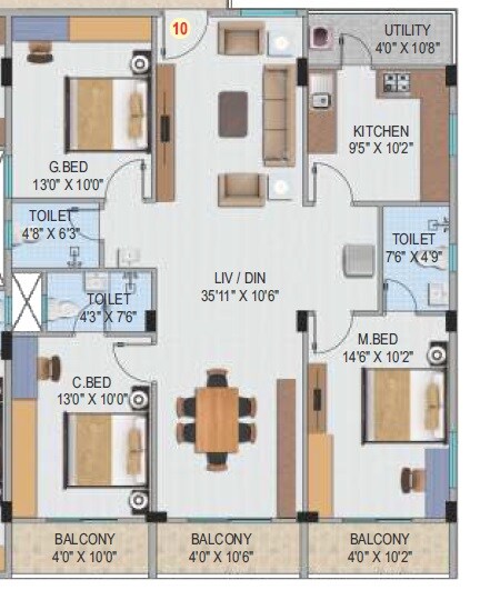 Floor plan of 3 BHK 1645 Sq. Ft. Apartment in Sashank Amogha, Bangalore