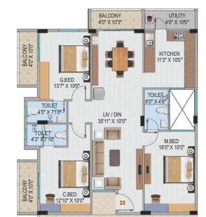 Floor plan of 3 BHK 1810 Sq. Ft. Apartment in Sashank Amogha, Bangalore