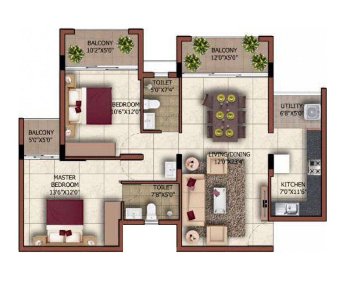 Floor plan of 2 BHK 1232 Sq. Ft. Apartment in Sashwath The Magnolia, Bangalore