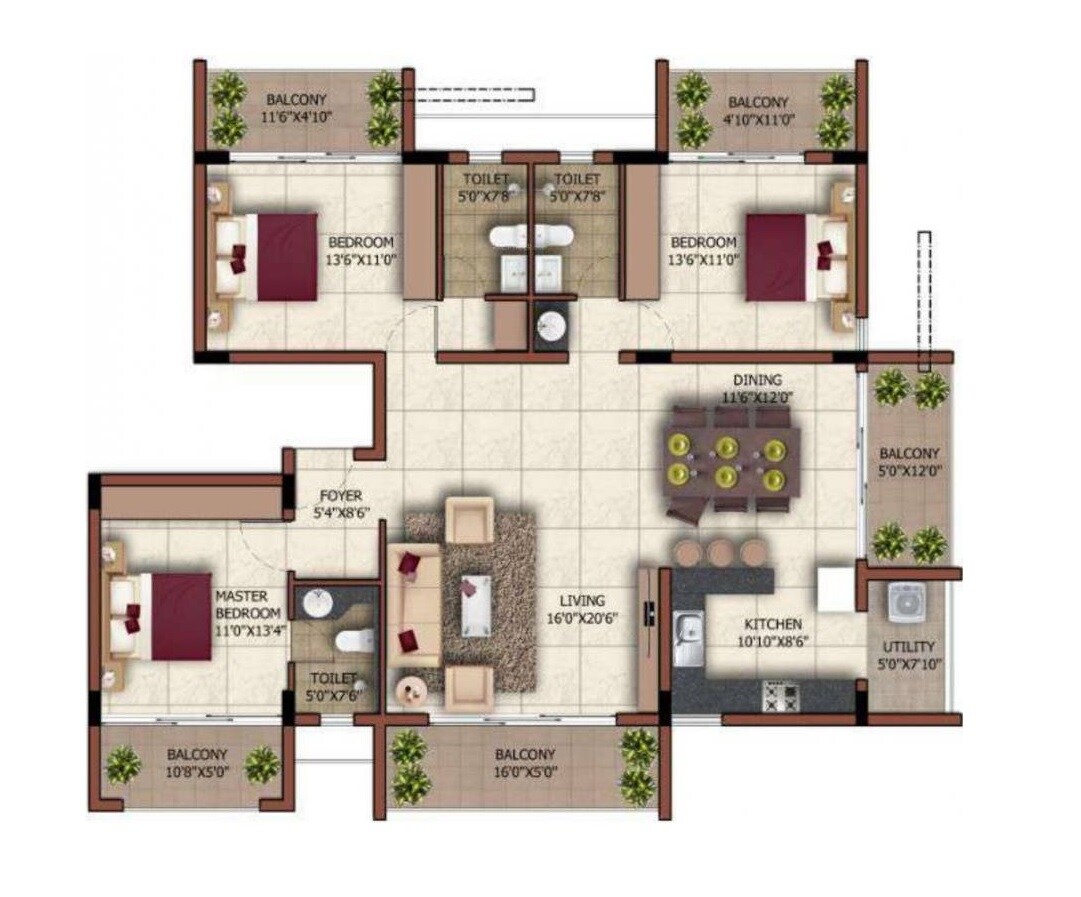 Floor plan of 3 BHK 2000 Sq. Ft. Apartment in Sashwath The Magnolia, Bangalore