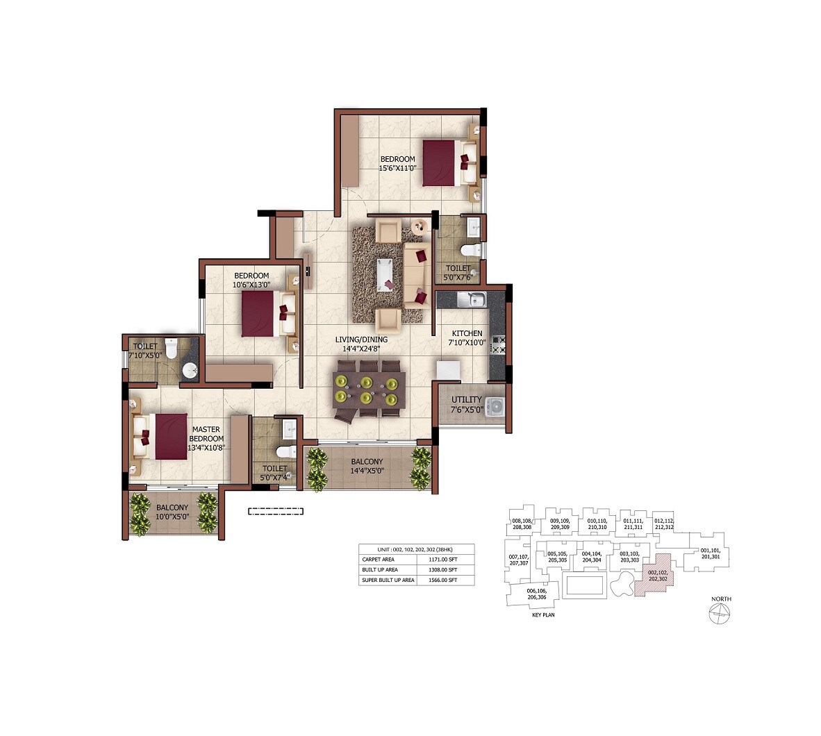 Floor plan of 3 BHK 1566 Sq. Ft. Apartment in Sashwath The Magnolia, Bangalore