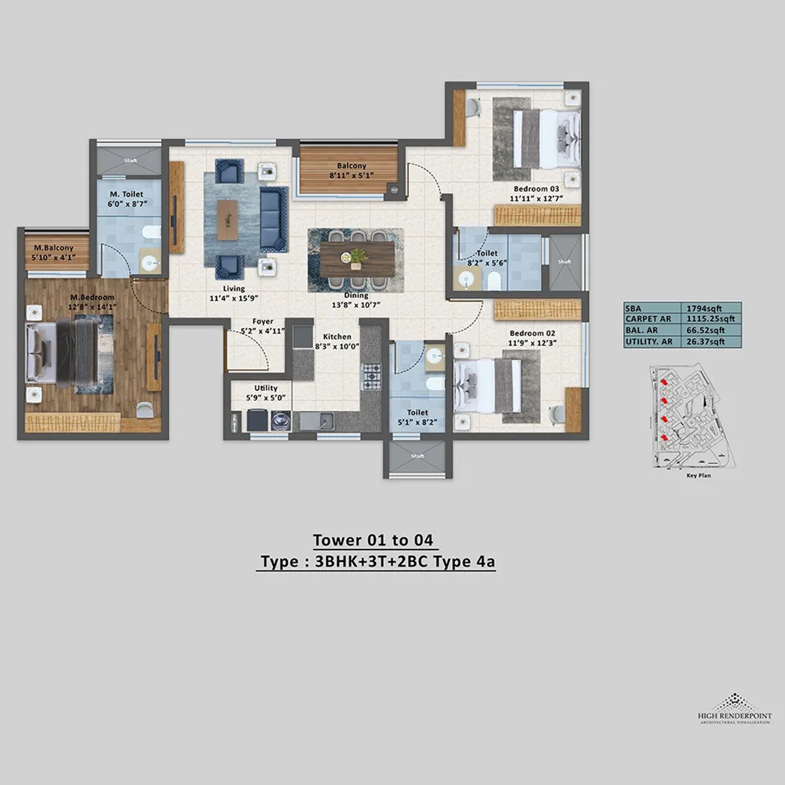 Floor plan of 3 BHK 1794 Sq. Ft. Apartment in Sattva Aangane, Bangalore