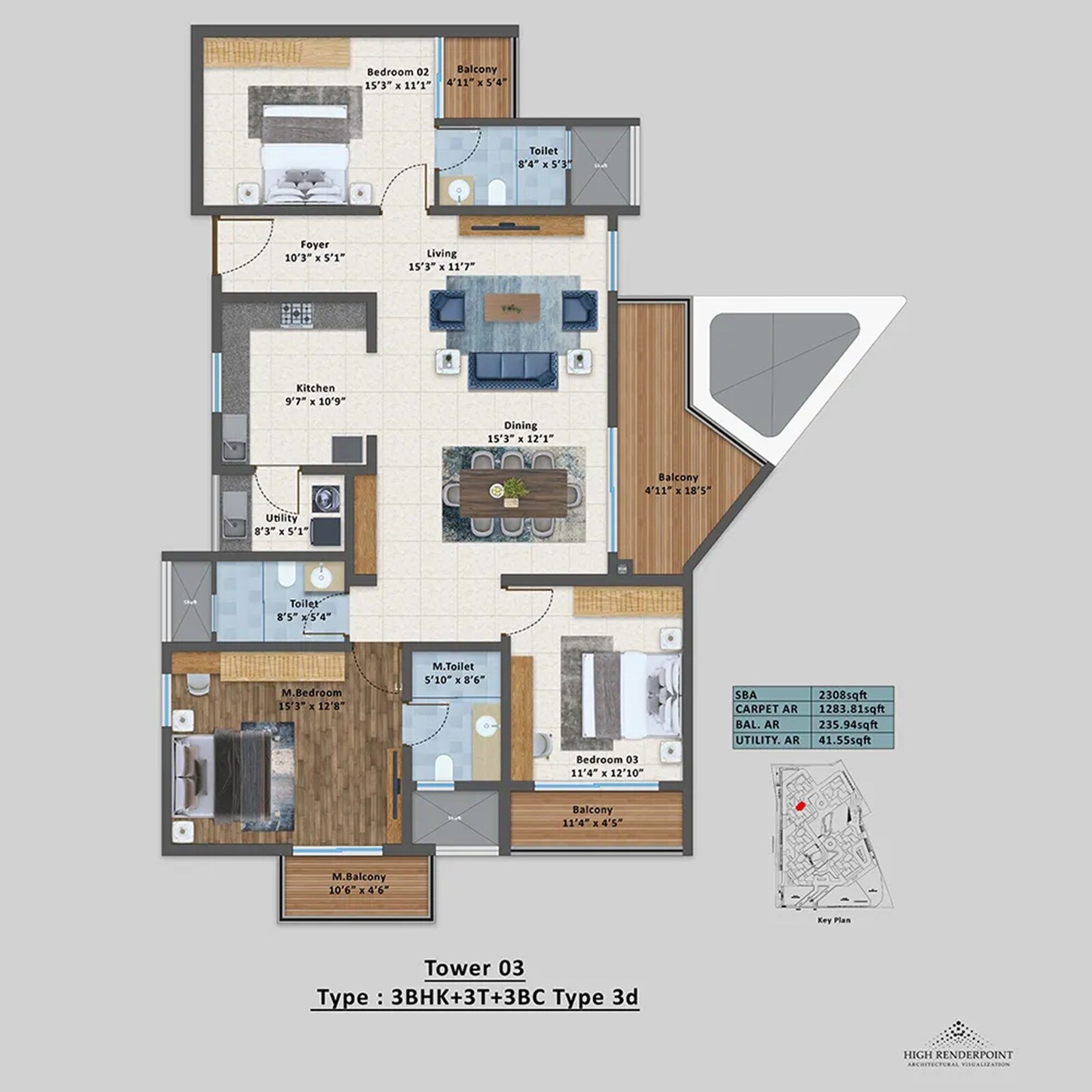 Floor plan of 3 BHK 2308 Sq. Ft. Apartment in Sattva Aangane, Bangalore