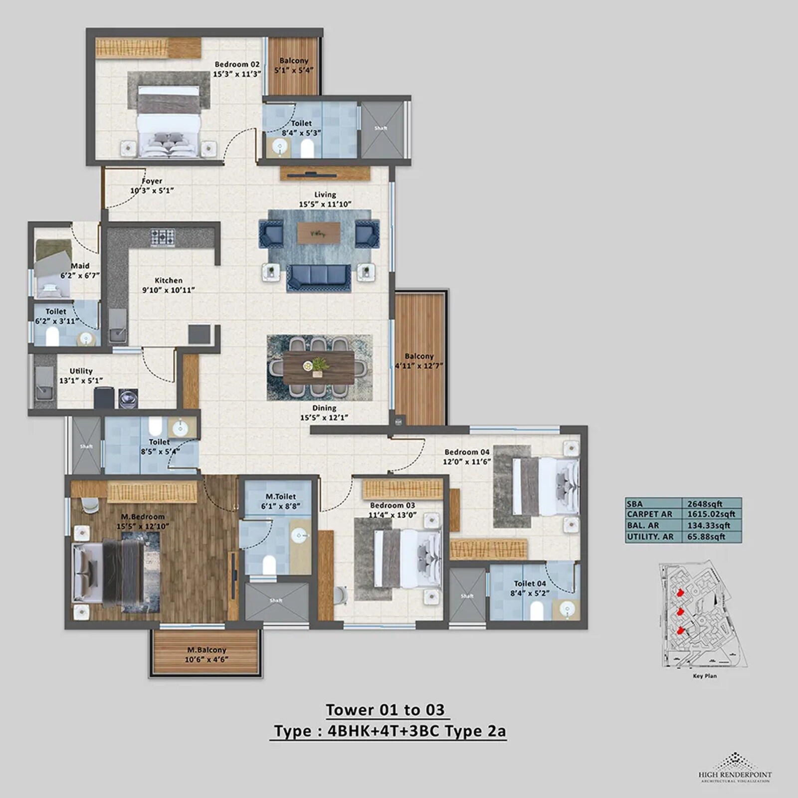 Floor plan of 4 BHK 2648 Sq. Ft. Apartment in Sattva Aangane, Bangalore
