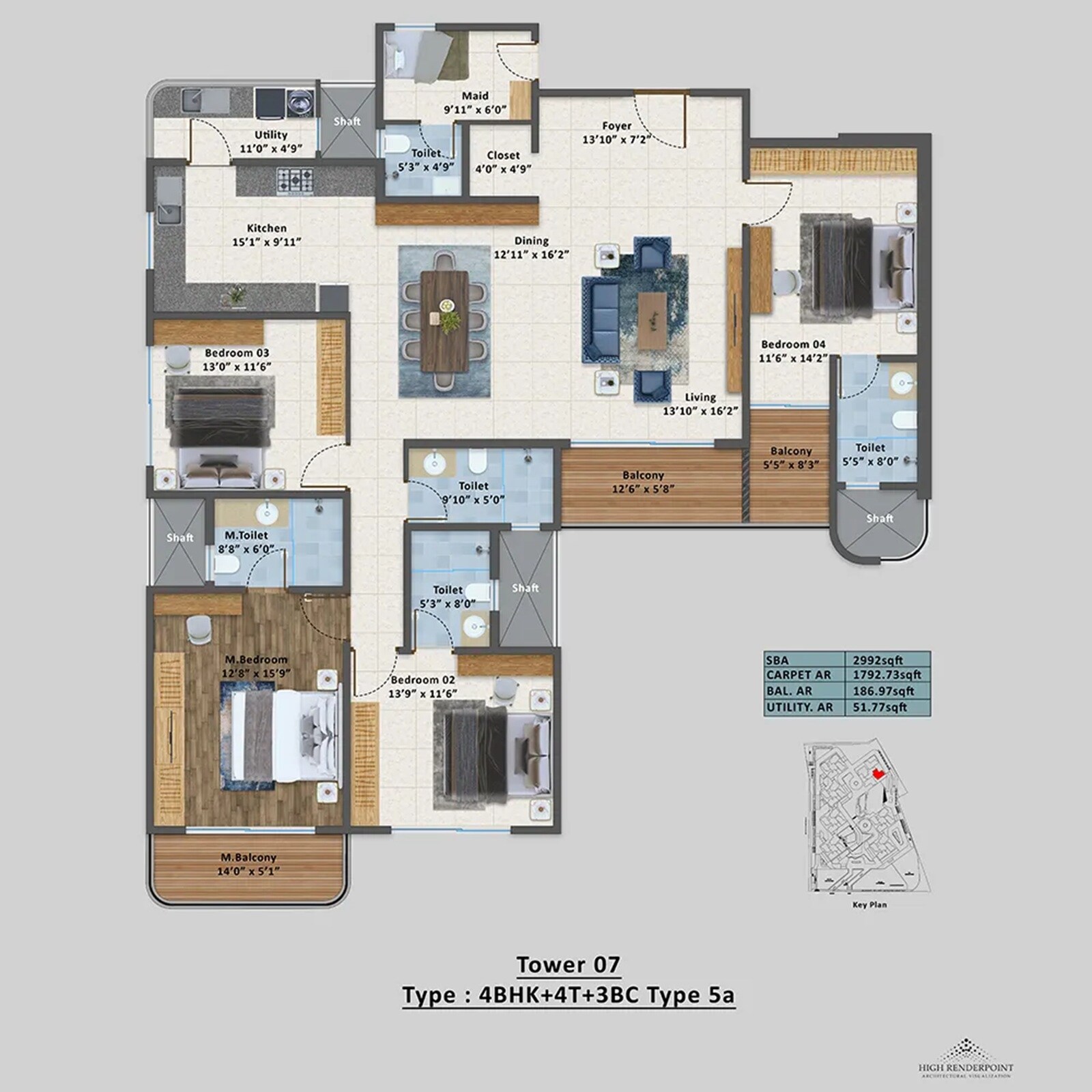 Floor plan of 4 BHK 2992 Sq. Ft. Apartment in Sattva Aangane, Bangalore