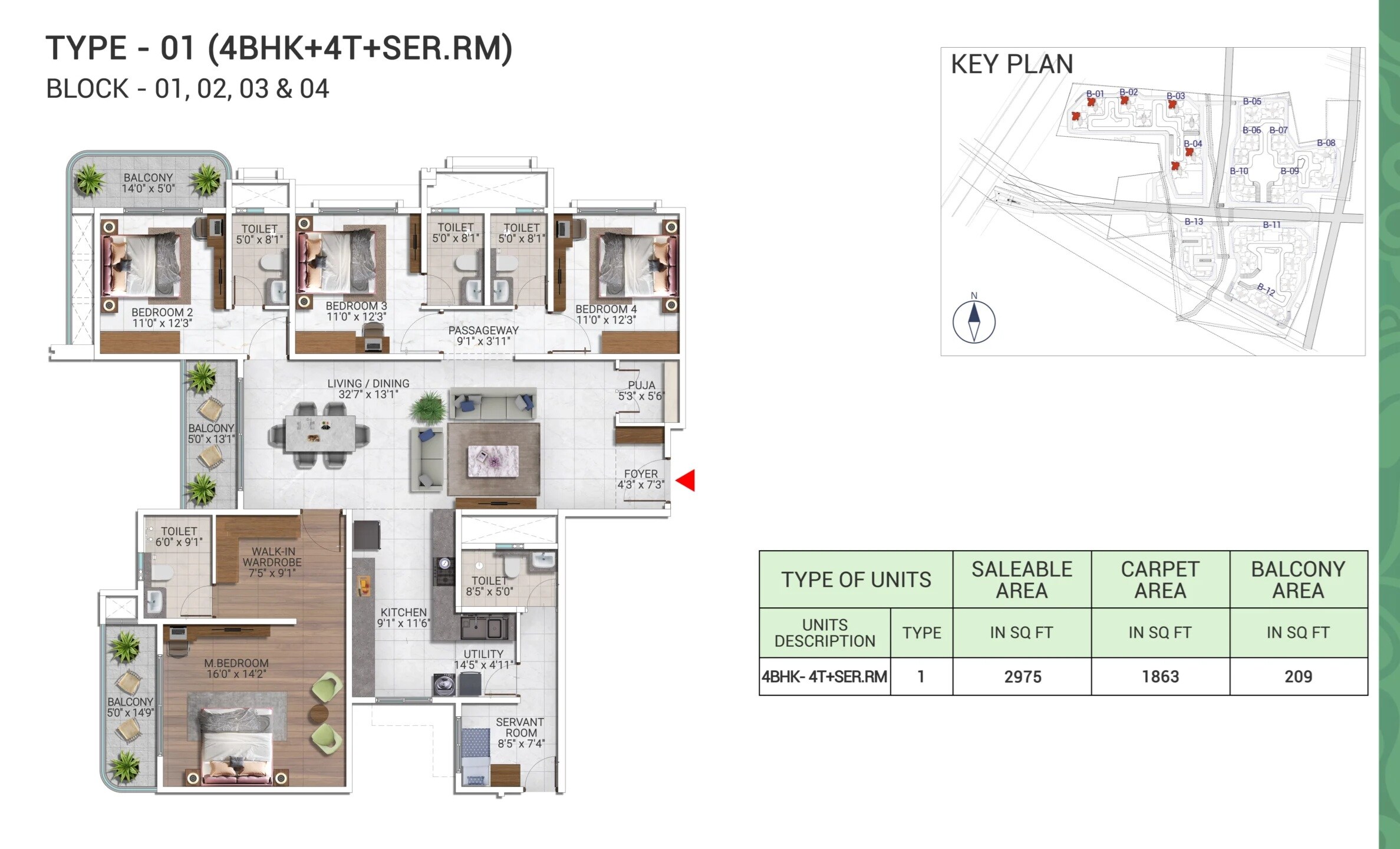 Floor plan of 4 BHK 2975 Sq. Ft. Apartment in Sattva City, Bangalore