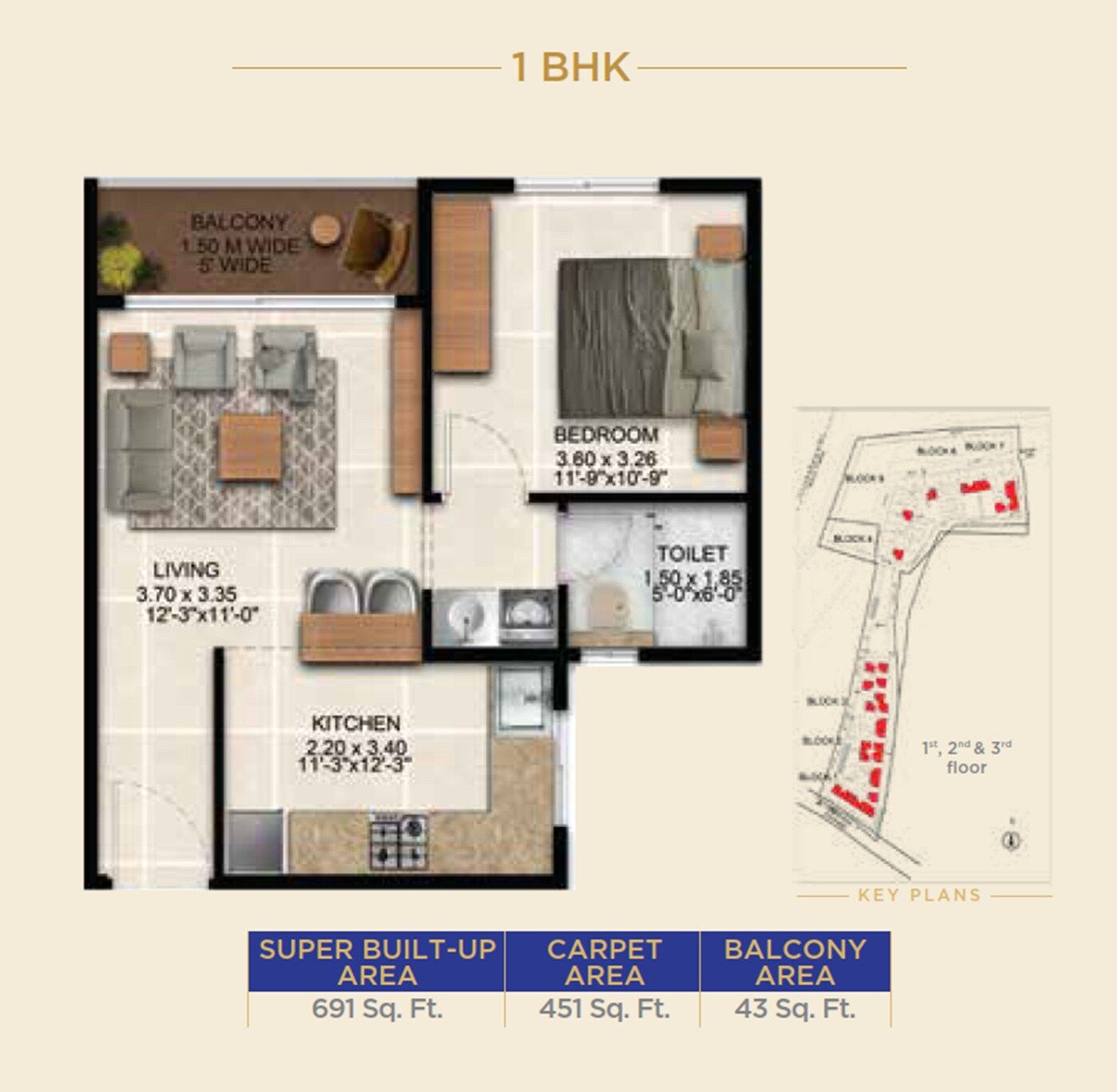 Floor plan of 1 BHK Apartment - 691 sq. ft. in Sattva Simplicity, Bangalore
