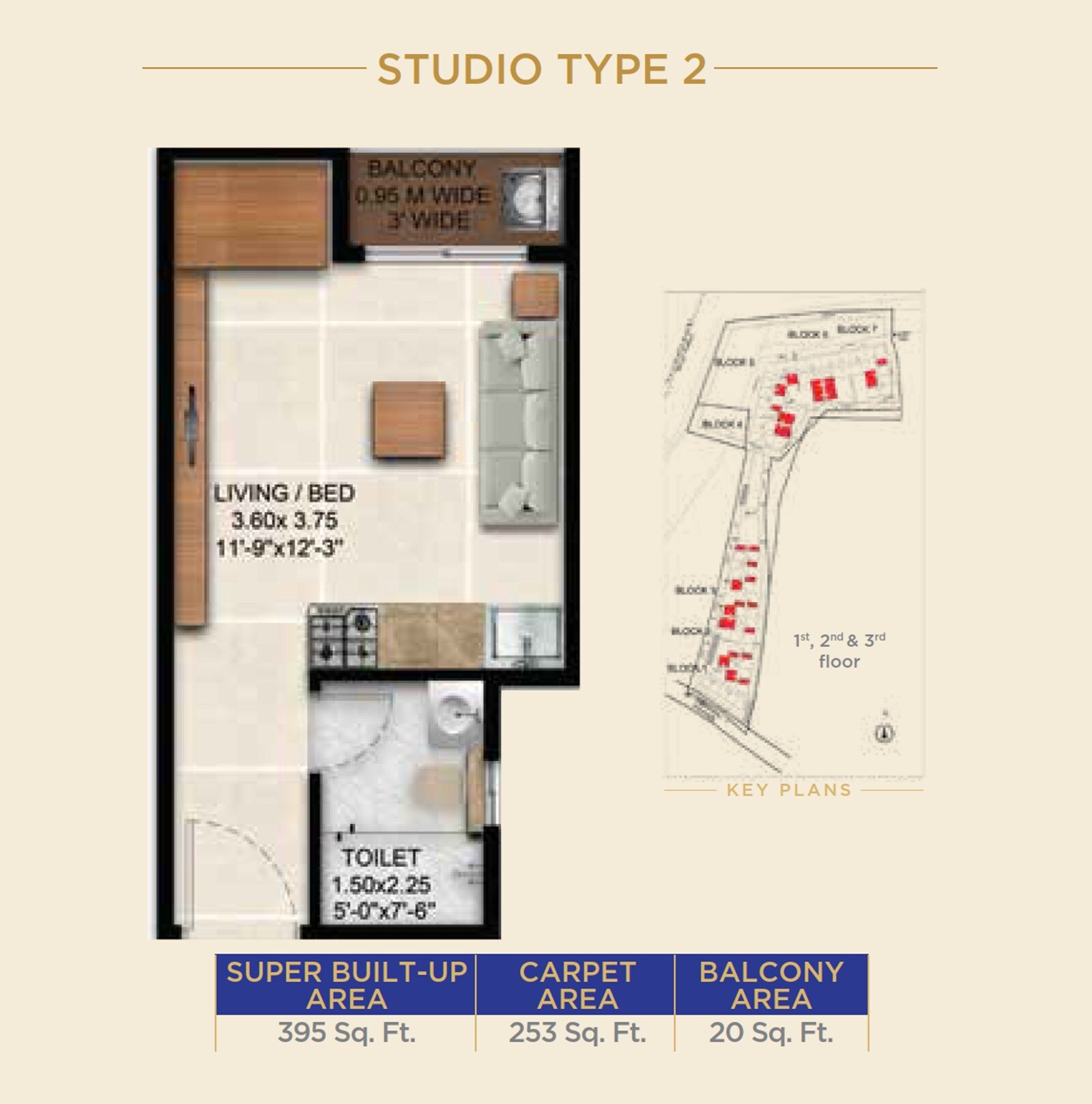 Floor plan of Studio - 395 sq. ft. in Sattva Simplicity, Bangalore