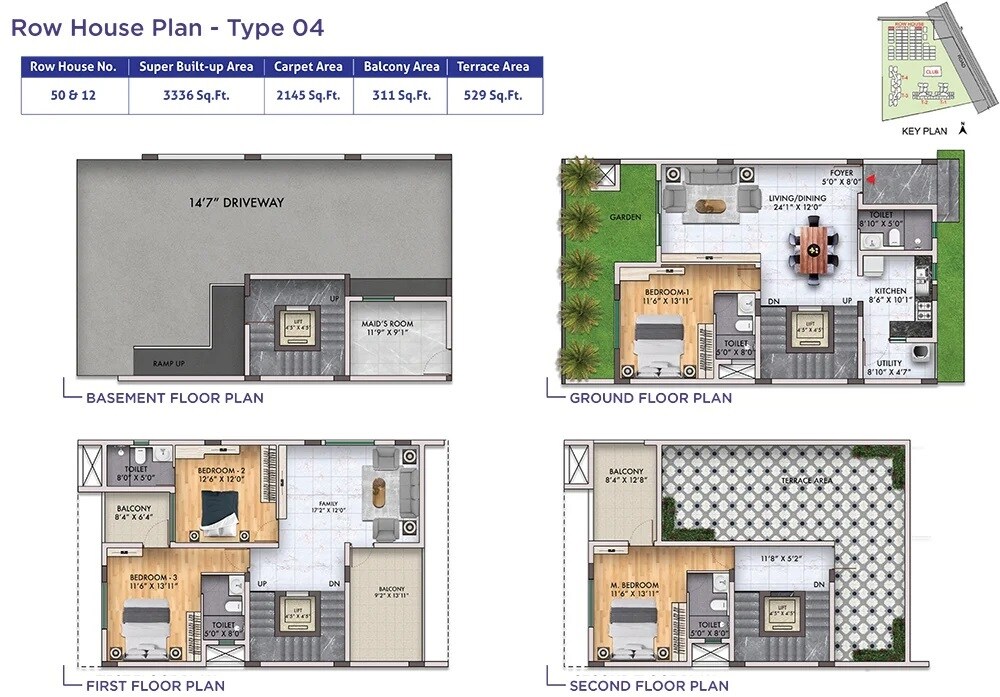 Floor plan of 4 BHK 3336 Sq. Ft. Row House in Sattva Songbird, Bangalore