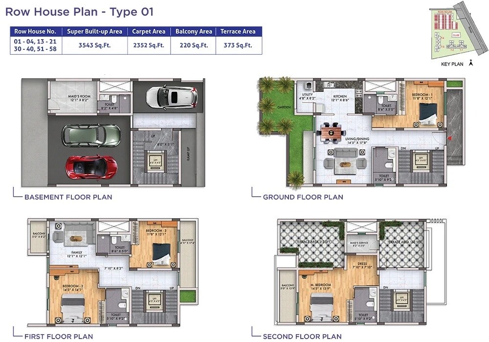 Floor plan of 4 BHK 3543 Sq. Ft. Row House in Sattva Songbird, Bangalore