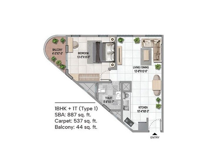 1 BHK 887 Sq. Ft. Apartment