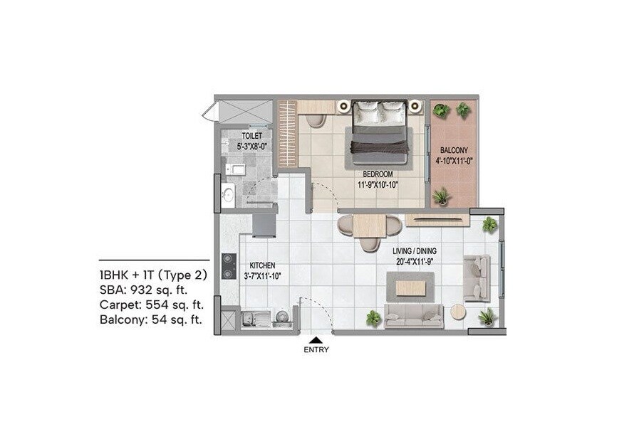 1 BHK 953 Sq. Ft. Apartment