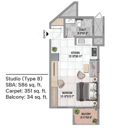 586 Sq. Ft. Studio