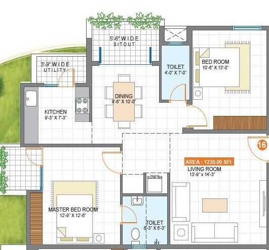 Floor plan of 2 BHK 1230 Sq. Ft. Apartment in Satyadeva Residency, Bangalore