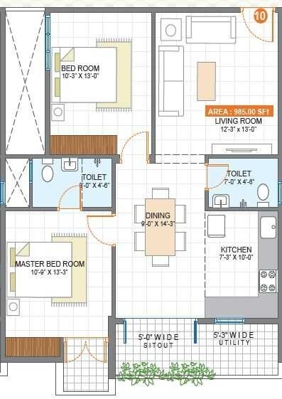 Floor plan of 2 BHK 985 Sq. Ft. Apartment in Satyadeva Residency, Bangalore