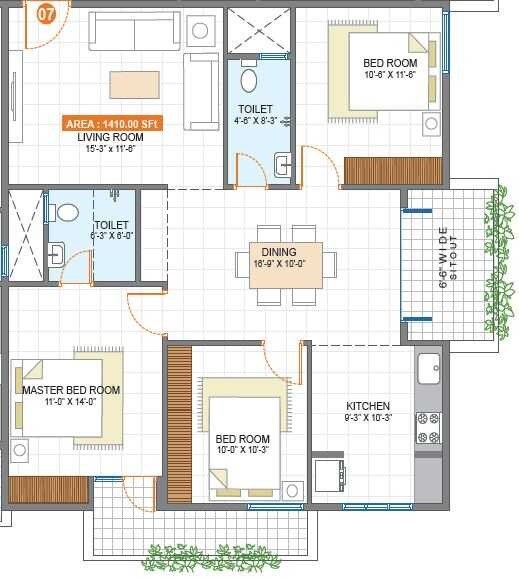 Floor plan of 3 BHK 1410 Sq. Ft. Apartment in Satyadeva Residency, Bangalore