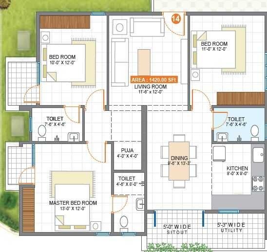 Floor plan of 3 BHK 1420 Sq. Ft. Apartment in Satyadeva Residency, Bangalore