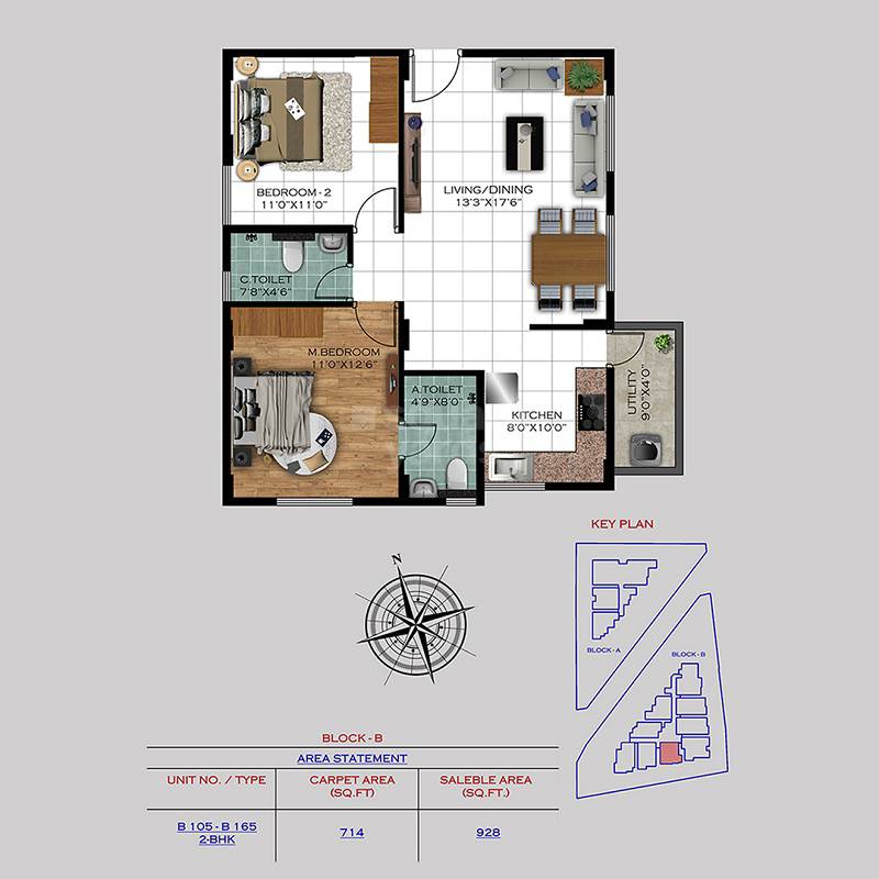 Floor plan of 2 BHK 928 Sq. Ft. Apartment in Satyam Varad, Bangalore