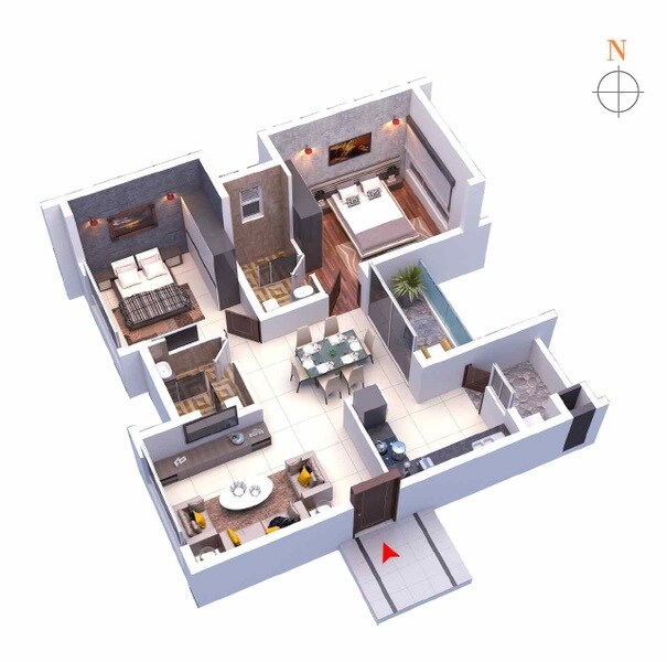 Floor plan of 2 BHK 1635 Sq. Ft. Apartment in SB Temple Tree, Bangalore