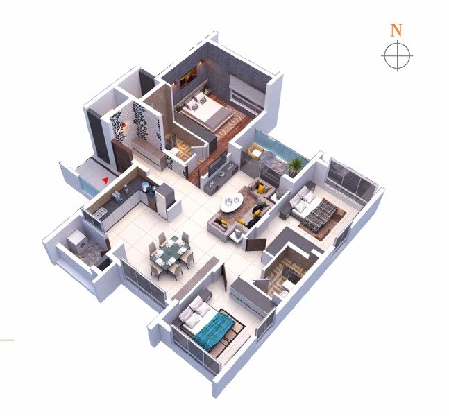 Floor plan of 3 BHK 1675 Sq. Ft. Apartment in SB Temple Tree, Bangalore