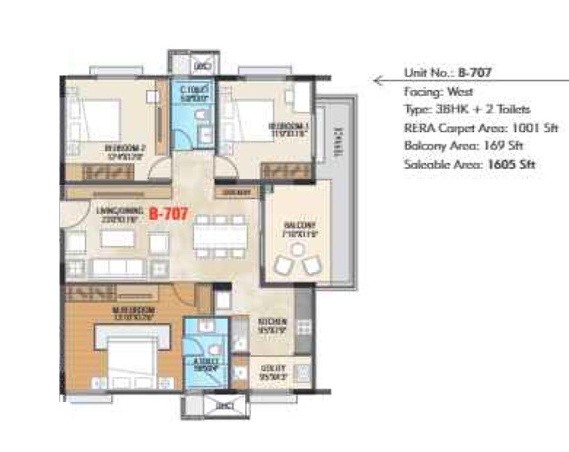 Floor plan of 3 BHK 1605 Sq. Ft. Apartment in SB Urban Park, Bangalore