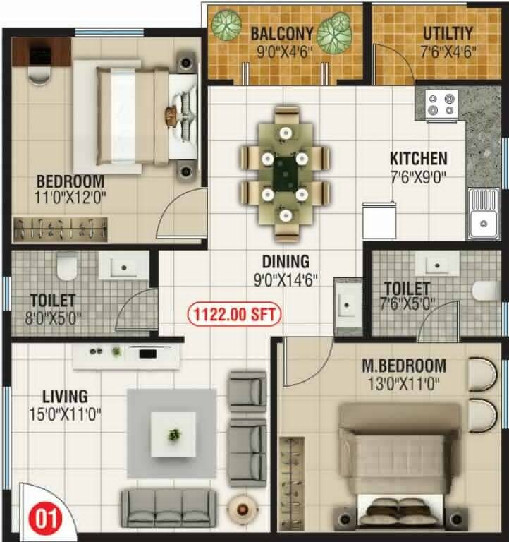 Floor plan of 2 BHK 1122 Sq. Ft. Apartment in SBB Sapphire, Bangalore