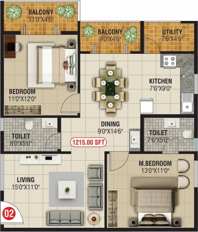 Floor plan of 2 BHK 1215 Sq. Ft. Apartment in SBB Sapphire, Bangalore