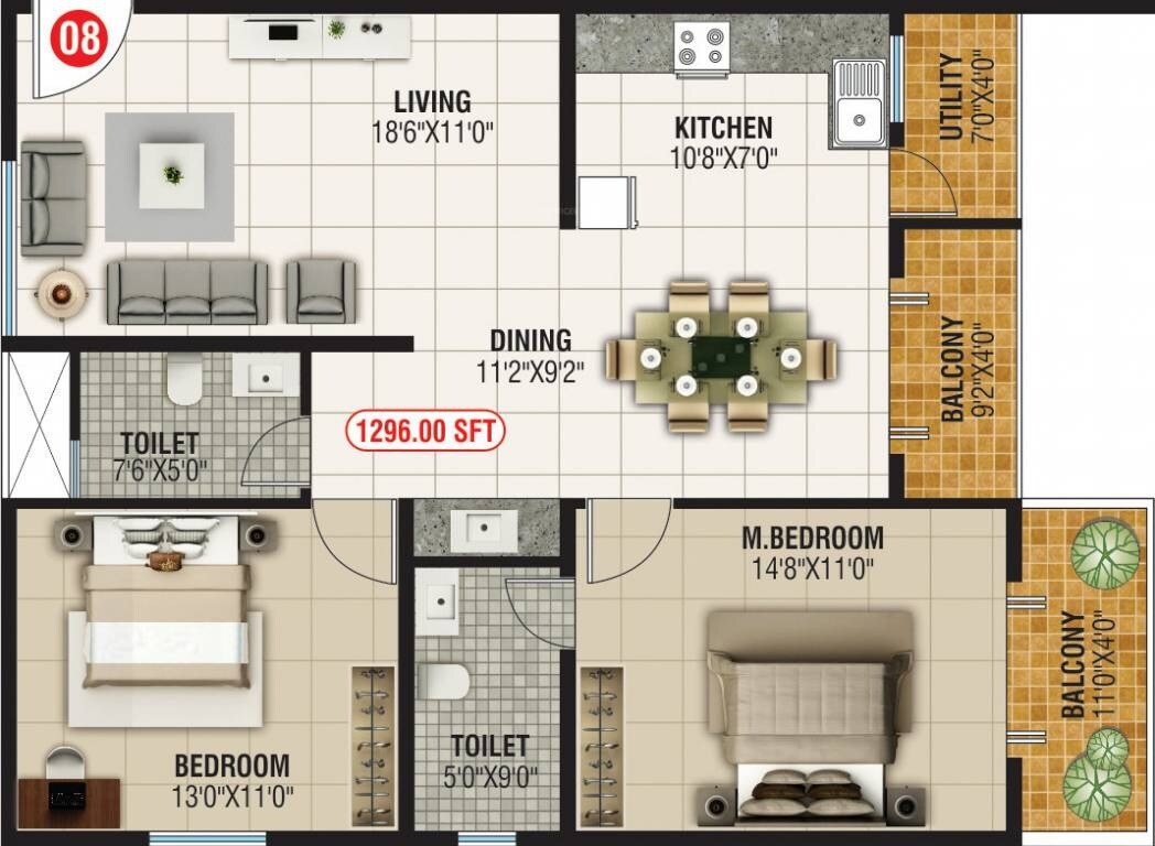 Floor plan of 2 BHK 1296 Sq. Ft. Apartment in SBB Sapphire, Bangalore