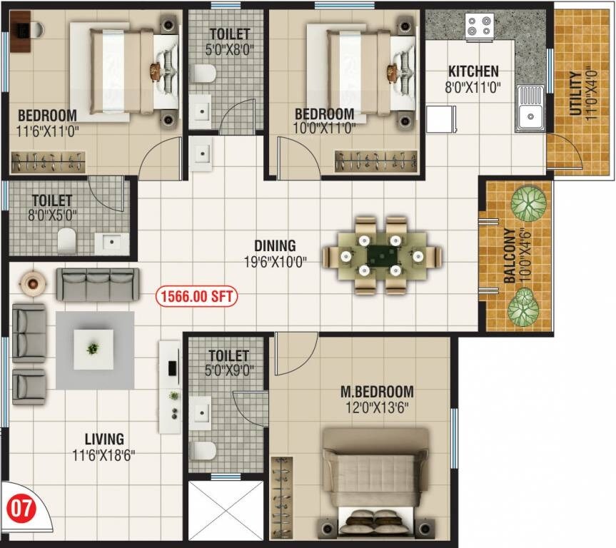 Floor plan of 3 BHK 1566 Sq. Ft. Apartment in SBB Sapphire, Bangalore