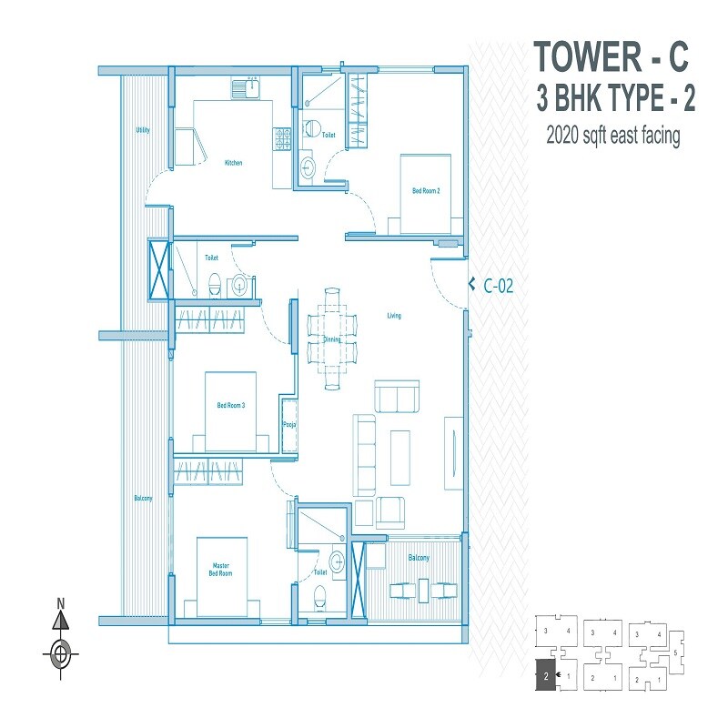 Floor plan of 3 BHK 2020 Sq. Ft. Apartment in SBC The Nest, Bangalore
