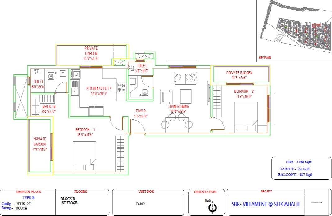 Floor plan of 2 BHK 1360 Sq. Ft. Villament in SBR Florenso, Bangalore