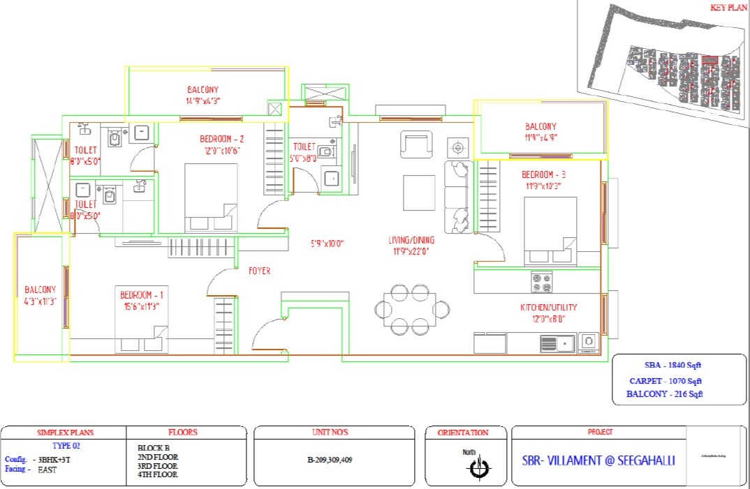 Floor plan of 3 BHK 1840 Sq. Ft. Villament in SBR Florenso, Bangalore