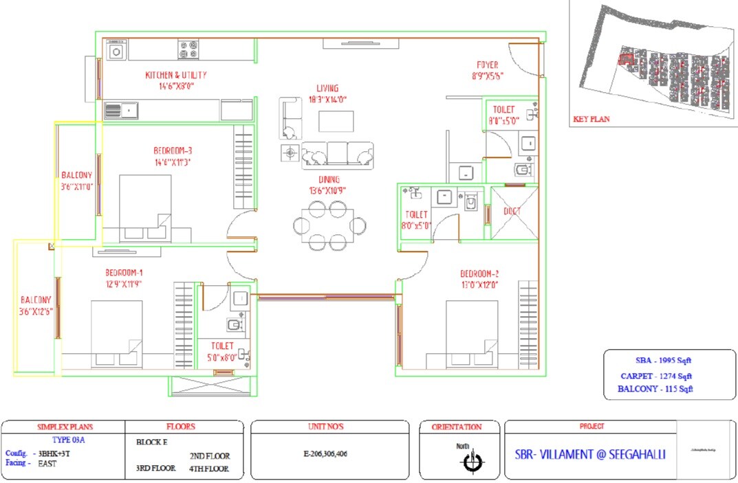 Floor plan of 3 BHK 1995 Sq. Ft. Villament in SBR Florenso, Bangalore
