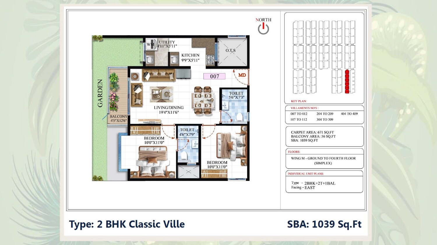 Floor plan of 2 BHK 1039 Sq. Ft. Villament in SBR Global Queens Ville, Bangalore