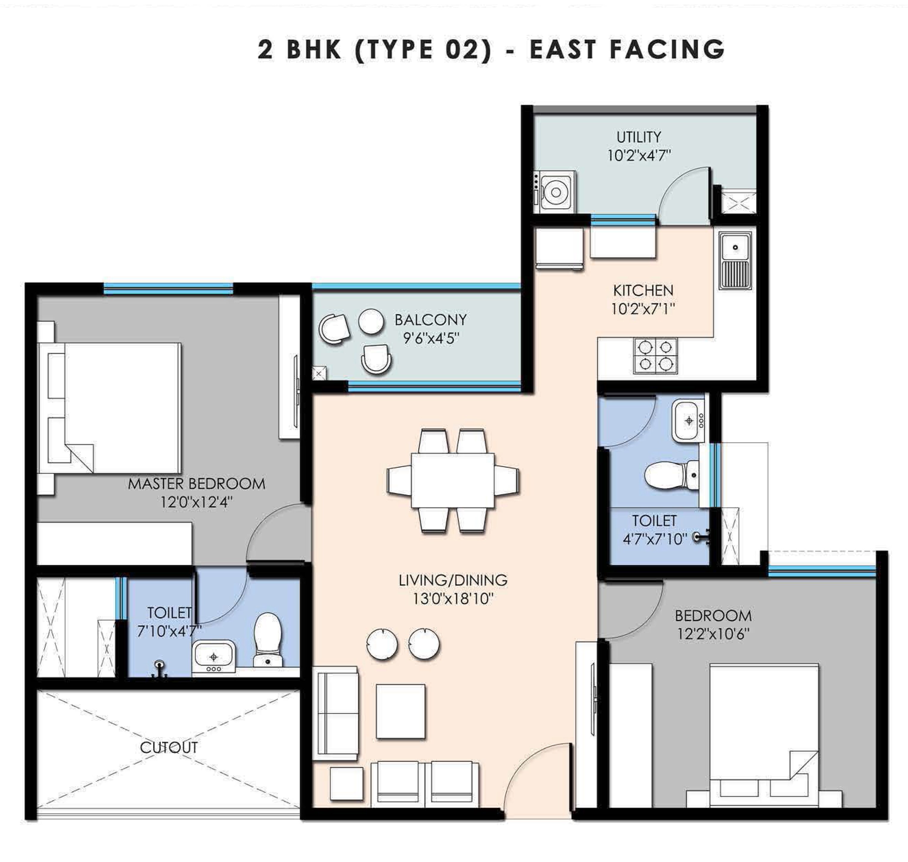 Floor plan of 2 BHK 1102 Sq. Ft. Apartment in SBR Pravanika, Bangalore